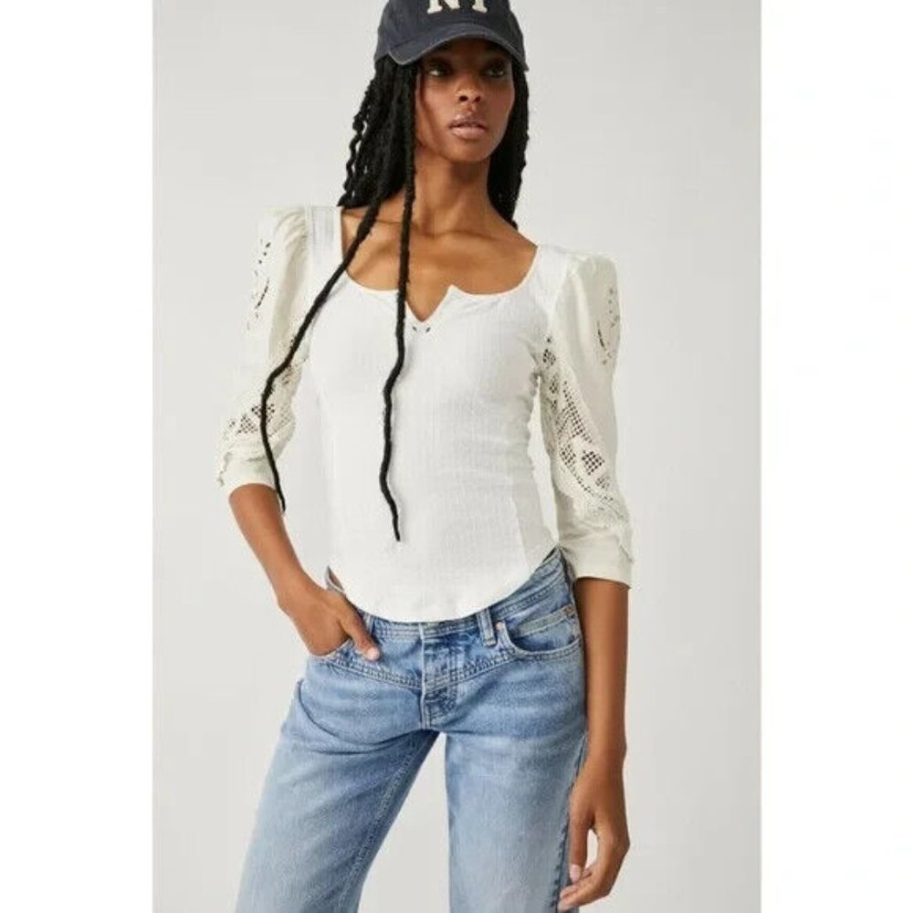 FREE PEOPLE Top M BRUNCH DATE Henley Cotton Eyelet Pointelle Lace MOONGLOW NWT